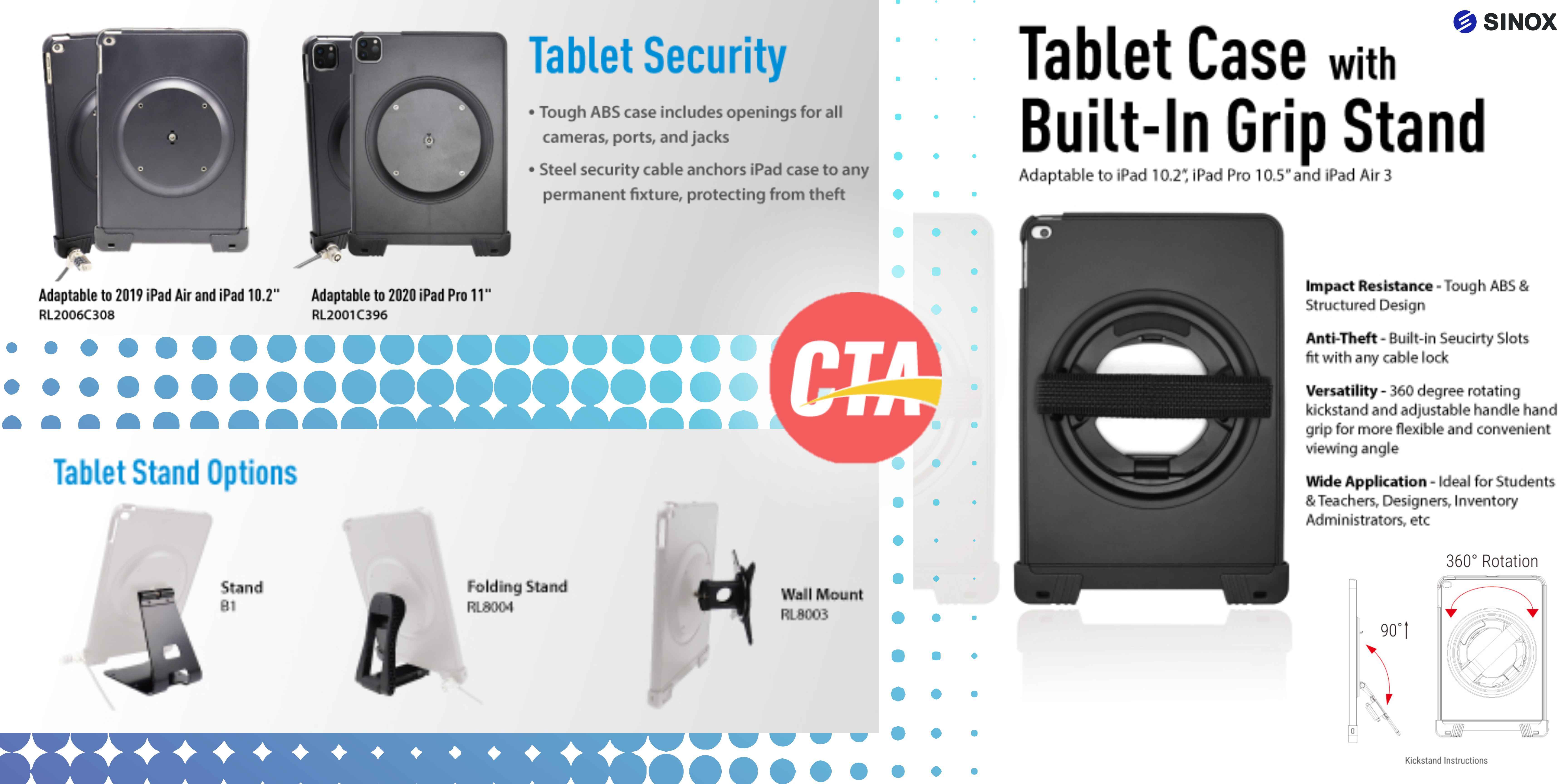 Sinox × CTA Digital tablet cases and stands with anti-theft security features, 360° rotating grip stands, and versatile applications for students, teachers, and designers. Compatible with various iPad models and mounting options.