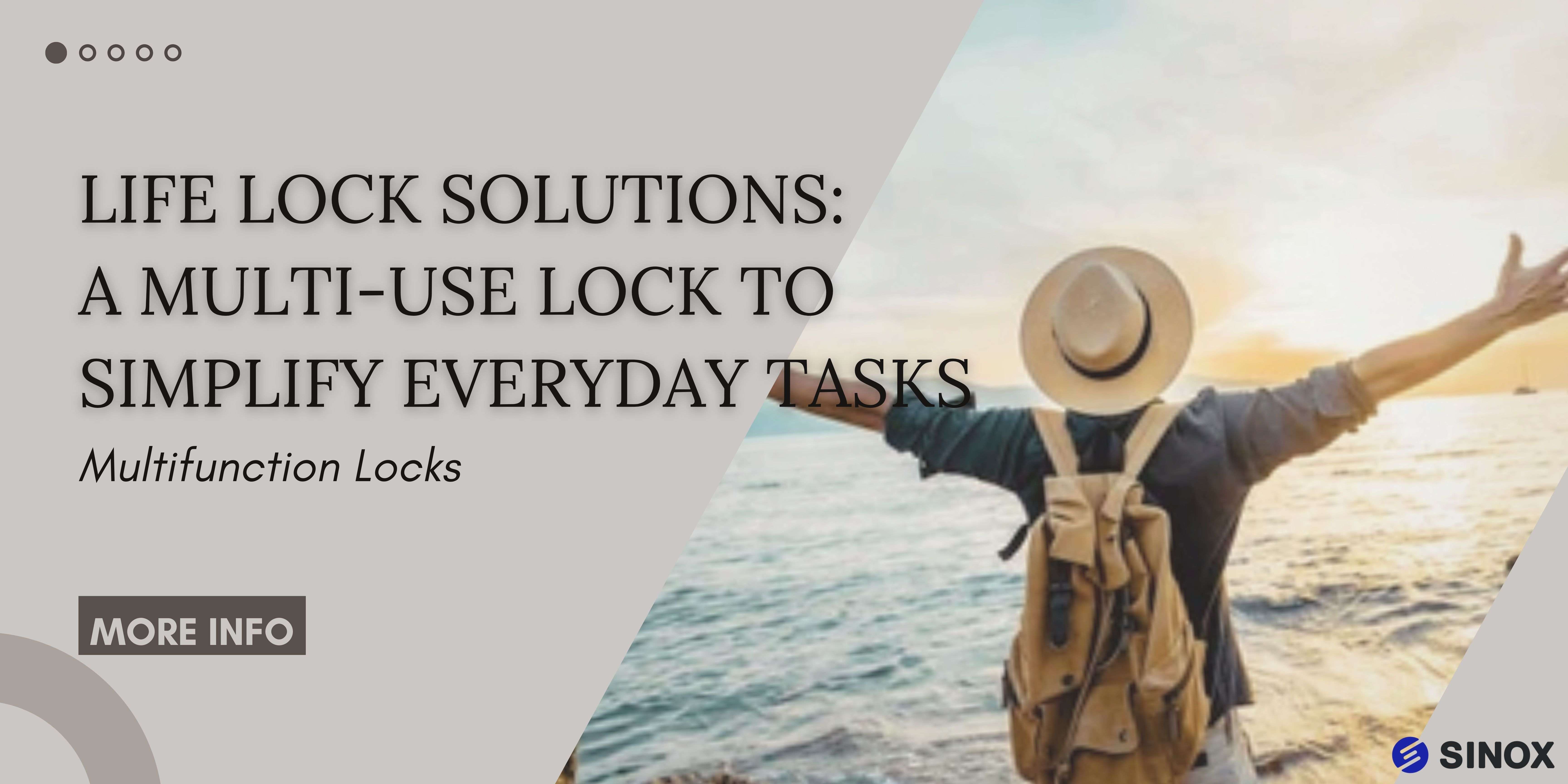 Life Lock Solutions multifunctional lock advertisement, showing a traveler with arms open by the sea, symbolizing freedom and security for everyday use. Sinox brand multifunction lock promotes ease in everyday tasks