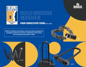 SINOX 兩輪&戶外鎖具，續四年(2021~2024)榮獲英國Sold Secure G級認證