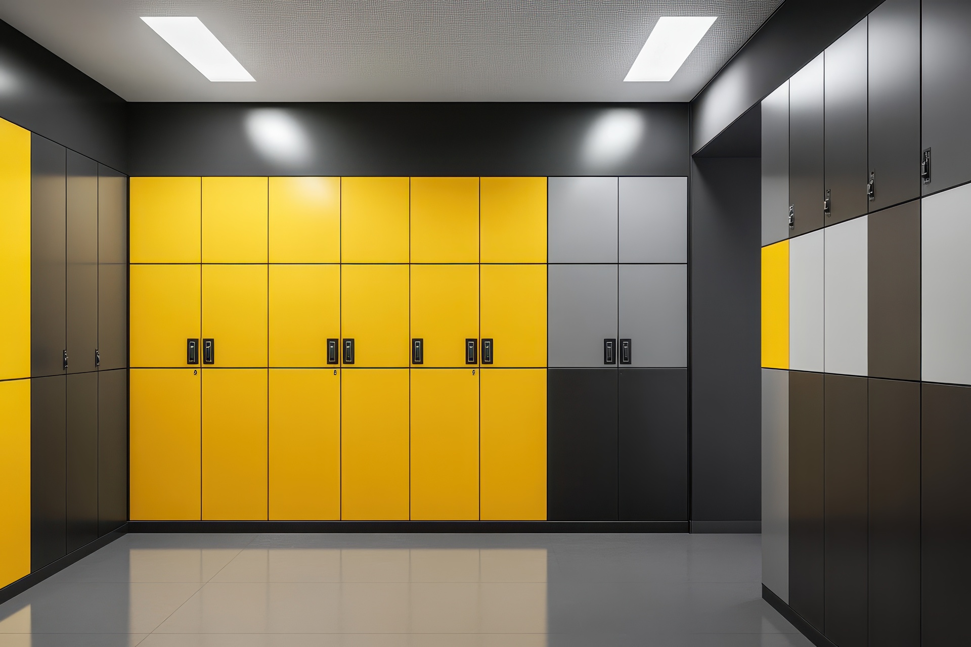 Modern Storage Lockers and Cabinet Lock Applications Modern yellow and gray storage lockers arranged in a contemporary interior with integrated locking hardware