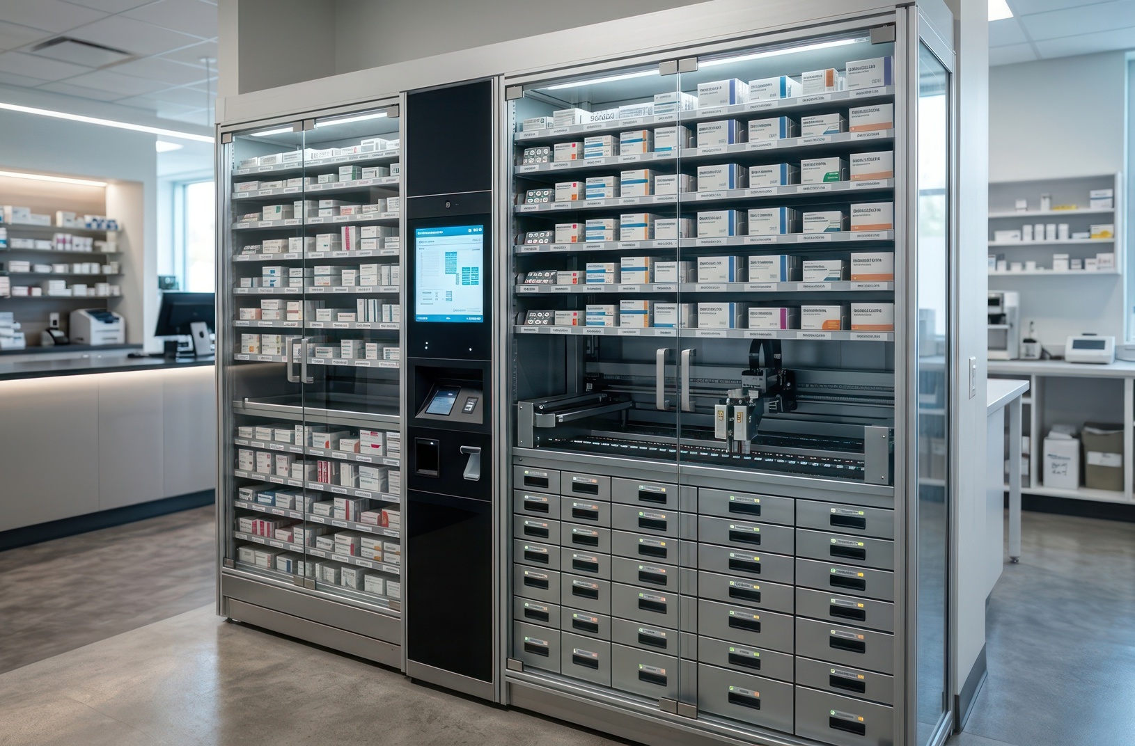 Automated Medication Storage and Management Cabinet Automated medication storage cabinet with a digital control interface and organized medicine compartments in a healthcare setting